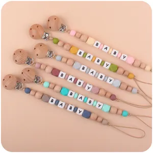 5-pack baby pacifier clips set with beech wood clips and colorful silicone beads