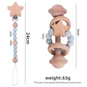 Hochet en bois de hêtre et attache-tétine en silicone avec étoile gris marbre