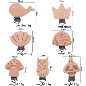 Natuurlijk Beukenhout Baby Speenclip Cartoon Dier Walvis Kroon Paddenstoel Fopspeenhouder Veiligheid Houten Clip Accessoires