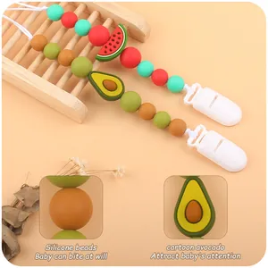 Silicone pacifier clip with colorful beads and cartoon fruit decorations for teething babies