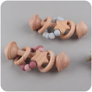 Buchenholz Und Silikon Stern Baby Rassel Beißring Spielzeug Für Säugling Greiftraining Und Zahnungshilfe Montessori Natürliches Material