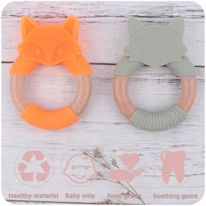 Détails de l'anneau de dentition en silicone renard et perles en bois naturel pour bébé