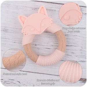 Anneau de dentition en silicone et bois renard rose avec design à picots pour bébé