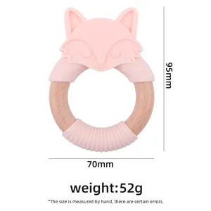 Anneau de dentition renard en silicone et bois naturel avec poignée rose pour bébés