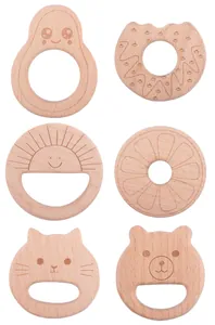 Set mit 6 natürlichen Beißringen aus Buchenholz mit Cartoon-Tier- und Fruchtformen