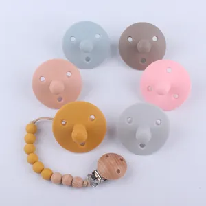 Infant silicone pacifier set with wooden bead clip chain in Morandi color palette
