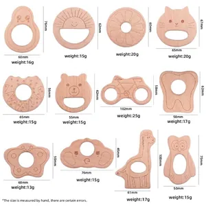 Natural Beech Wood Baby Teether Cartoon Animal Shape Wooden Molar Toy For Infants Newborns Grasping Ring Gift
