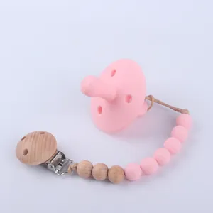 Baby Silicone Pacifier And Wooden Bead Pacifier Clip Set Morandi Color Soother Teether Chain For Toddler Infant