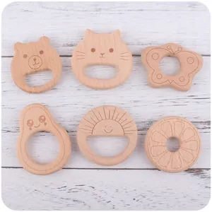 Natürlicher Buchenholz Baby Beißring Cartoon Tierform Holzspielzeug Für Säuglinge Neugeborene Greifring Geschenk