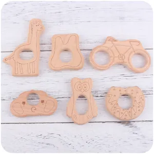 Baby-Beißring-Set aus natürlichem Buchenholz mit verschiedenen Tier- und Objektformen
