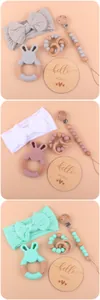 Baby teething set with rabbit silicone teether, wooden pacifier clip and bow headband