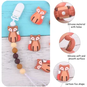 Cartoon Fuchs Silikon Beißring Clip mit bunten Perlen für Baby Schnullerketten