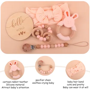 Baby pink silicone rabbit teether set with pacifier clip and bow headband gift set