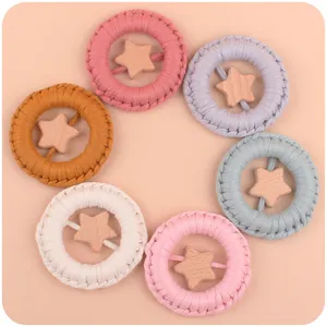Handmade cotton woven baby teething rings with wooden stars in Morandi colors