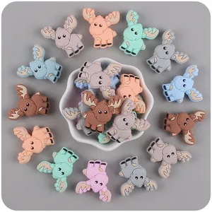 Detailed view of colorful silicone elk teething beads in assorted macaron shades