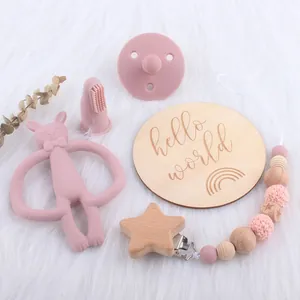 Baby silicone teether set with pink bunny, pacifier, and wooden star clip pacifier chain