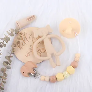 Baby elephant silicone teether set with pacifier chain and toothbrush on plush rug