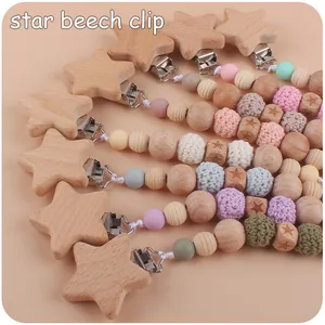 Star beech wood pacifier clips with colorful silicone and handmade crochet beads