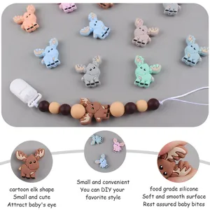 Silicone cartoon elk baby teether beads for DIY pacifier clips in various pastel colors