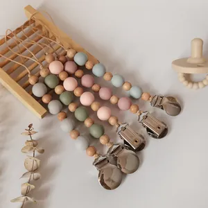 Silicone Beads Beech Wood Baby Pacifier Clip Morandi Color Infant Teether Chain Anti Drop Soother Holder Beaded Nursing Toy
