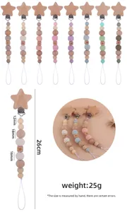Detailed size chart for baby pacifier clip with wood beads and star clip dimensions