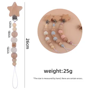 Star-shaped beech wood baby pacifier clip with crochet beads and silicone pearls 26cm