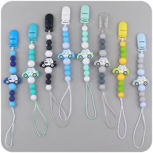 Collection of eight colorful silicone pacifier clips with police car beads for infants