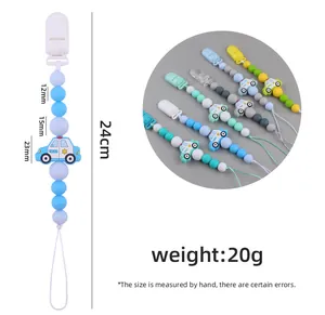 Detail of DIY silicone pacifier clip with police car bead and size measurements