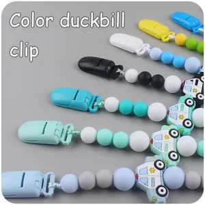 Silicone baby pacifier clips with cartoon police car charms and colorful chewable beads