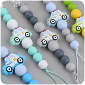 Silicone baby pacifier clips with police car beads and colorful teething chain accessories