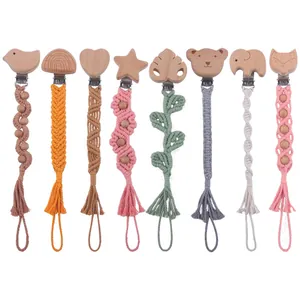 Attache-Tétine en Corde de Coton et Bois de Hêtre Fait à la Main pour Nourrissons Forme d'Animal Coeur Étoile Laisse de Support de Tétine Chaîne