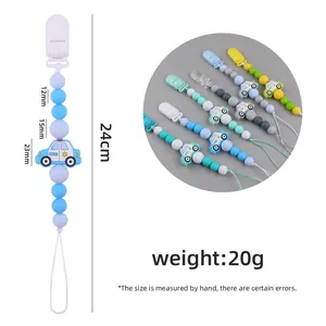 Silicone baby pacifier chain with police car bead, 24cm teething strap in blue and green