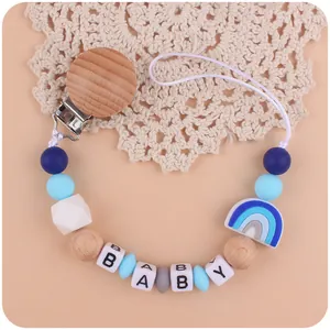 Siliconen Regenboog Speenkoord Voor Baby Tandjes Perlen Houder Met Houten Clip BABY Letter Baby Bijtring Accessoires