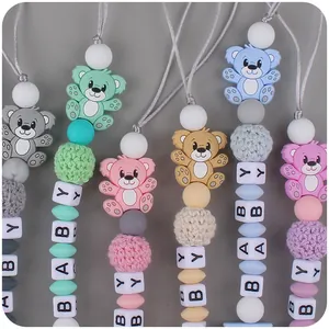 Silicone pacifier clips with cute cartoon bear pendants and alphabet baby beads
