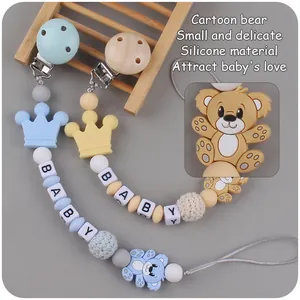 Silicone pacifier clip with cartoon bear teether and letter beads in blue and yellow