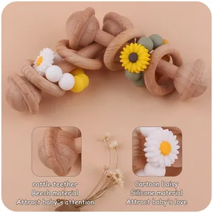 Daisy silicone beads and beech wood baby rattle teether for sensory development
