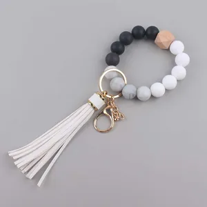 Siliconen Kralen Polsband Sleutelhanger Met PU-lederen Kwastje En Houten Kraal Elastische Polsband Sleutelring Voor Vrouwen Cadeau