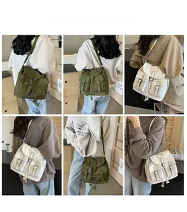 Collage of army green and cream white canvas bags shown as backpack and crossbody styles