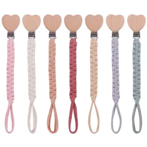 Handmade Cotton Woven Baby Pacifier Clip Heart Beech Wood Holder For Infants Newborn Teether Strap Anti-Drop Chain Gift