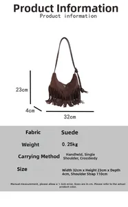 Specifiche dettagliate della borsa scamosciata con frange marrone scuro, misura 32x23x4cm