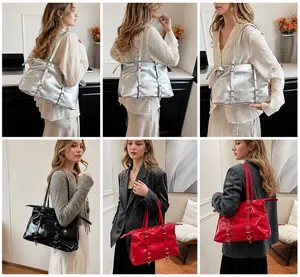 Macro detail of large tote bags in silver, black, and red showing high-shine leather texture