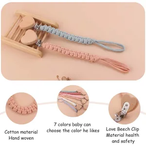 Handmade woven cotton baby pacifier chain with heart-shaped beech wood clip in seven colors