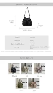 Detailed size specifications and color options for the vintage canvas crossbody bag