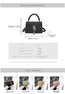 Guide des tailles montrant les dimensions 20x13x6,5cm du sac bandoulière en sequins