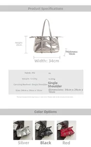 Detailed view of large PU leather shoulder bag with buckle straps and size specifications