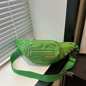 Army green canvas waist bag with multi-layer pockets and adjustable sport strap