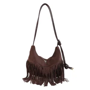 Borsa a tracolla in finta pelle scamosciata marrone scuro con lunghe frange stile boho