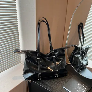 Fashion black patent leather tote bag with buckles and spacious design for travel