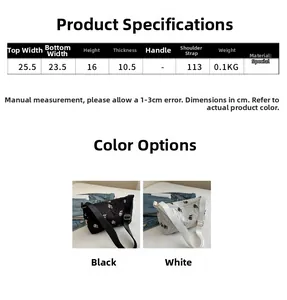 Size chart and dimensions for the floral shoulder bag in black and white options