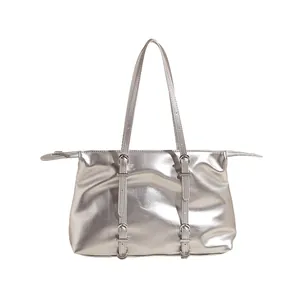 Fashion silver metallic tote bag with top handles and adjustable buckles for travel